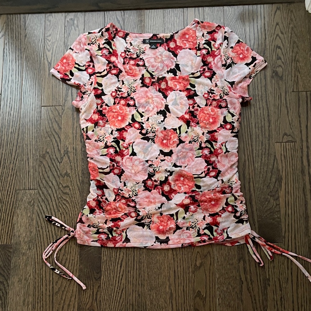 INC International Concepts Pink and Red Floral Short Sleeve Top